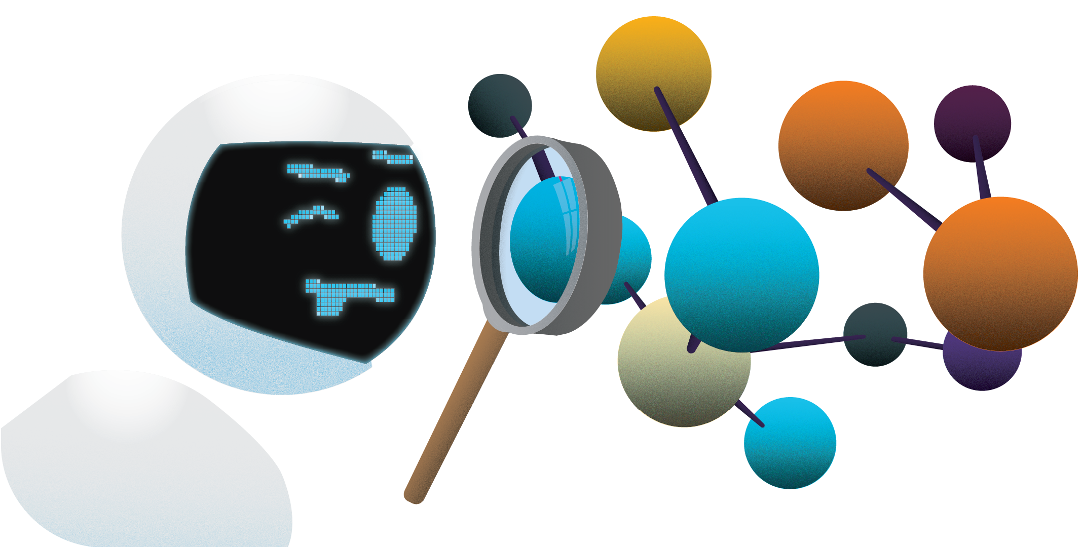 A whimsical illustration of a futuristic robot examining a knowledge graph through a magnifying glass, as though searching for some information.